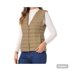 Women's Puffer Vest Sleeveless Lightweight Button Up Quilted Round Neck Size Med